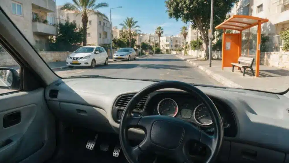 מבט מתוך רכב לימוד נהיגה אל רחוב שקט ומואר שמש