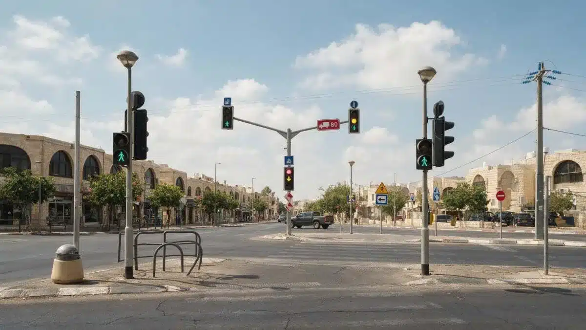 צומת עירוני עם רמזורים ותמרורים ביום בהיר