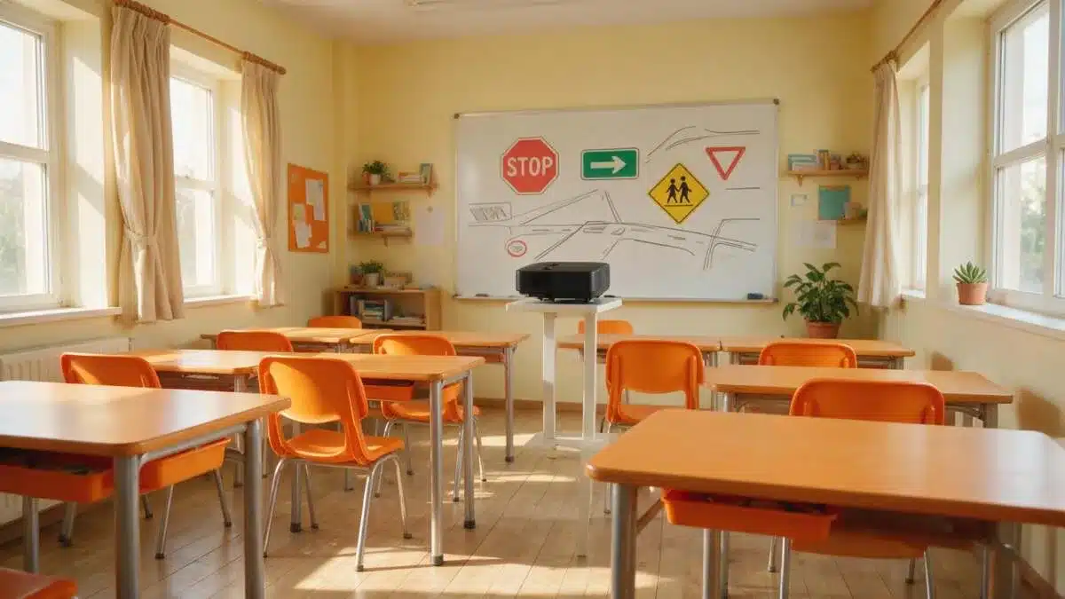 כיתת לימוד קטנה עם לוח מחיק ושולחנות לשיעור תיאוריה